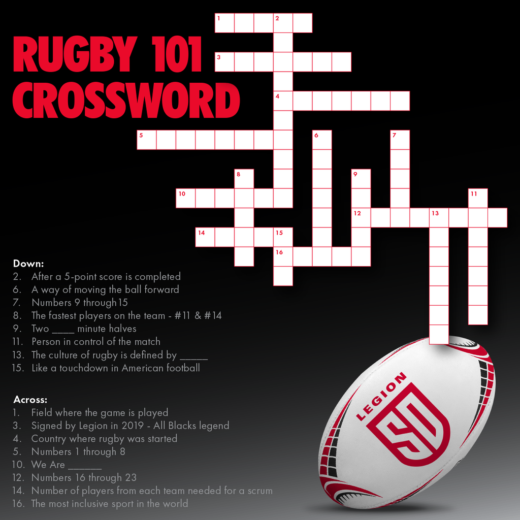 A rugby 101 crossword, created by San Diego Legion